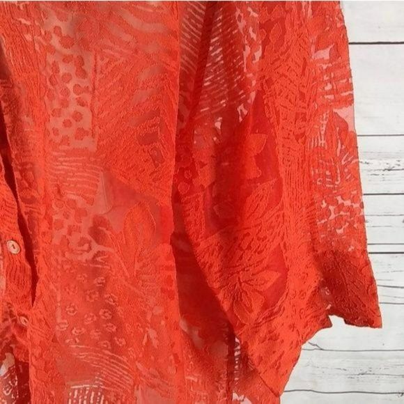 ELCC Women's Coral Orange See Through Button Down Quarter‎ Sleeve Blouse Size 3X - Picture 6 of 7